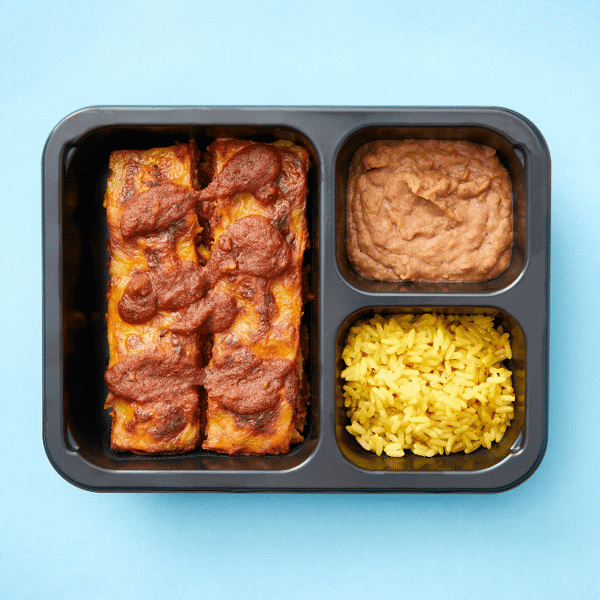 Freshly made, gluten-free meal prep: Fitlife Foods' Chicken Enchilada Bake, featuring chicken with rice and savory ranchero sauce.