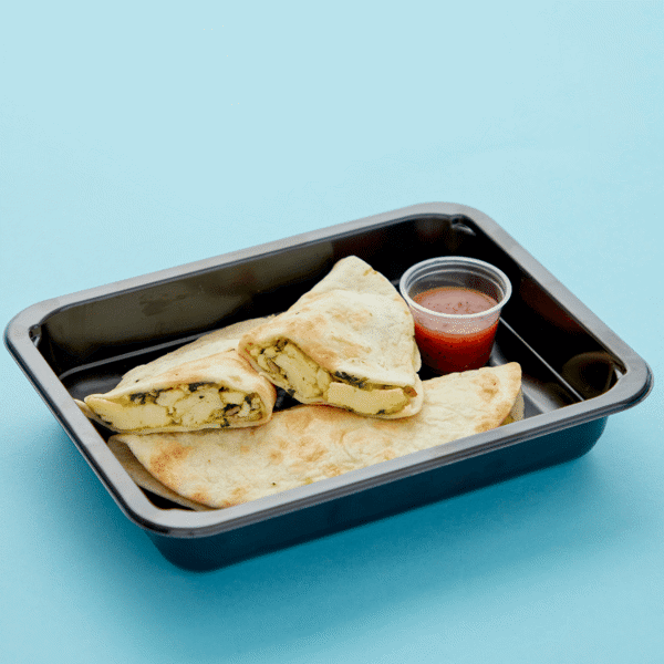 Breakfast Quesadilla is a perfect 3:1 ratio of egg whites to whole eggs, with chicken bacon, spinach, cheese, and salsa in a BPA-free box.