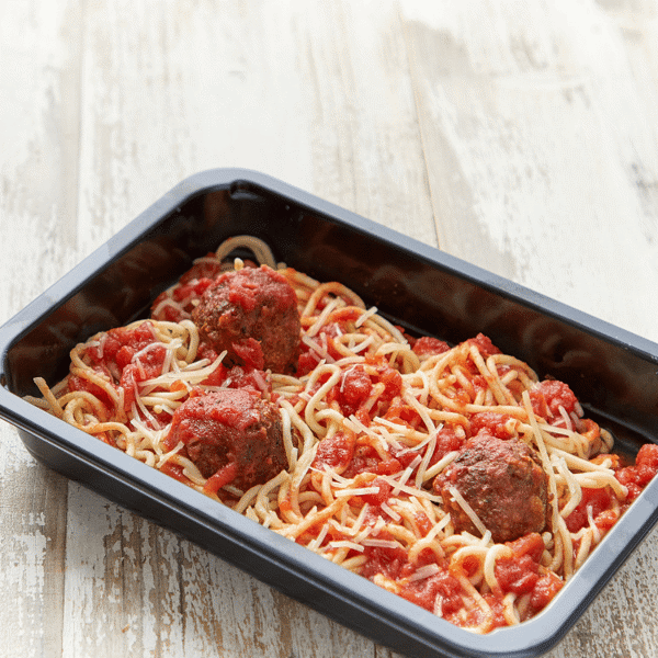 Ready-to-eat, plant-based, and nutritious spaghetti and meatballs made with Beyond Beef sausage and aged Parmesan in eco-friendly container