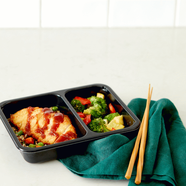 Freshly prepared and chef-crafted chicken in katsu sauce, rice, quinoa, and fresh veggies—a healthy lunch ready to eat