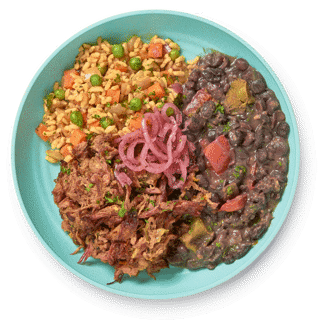 A nutritious, gluten-free, dairy-free meal prep – a wholesome blend of rice, veggies, pulled pork, red onions, and beans with peppers.