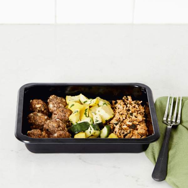 Gluten-Free Mediterranean Turkey Meatballs is a slow-roasted meal prep with feta paired with Greek-style rice and roasted veggies.