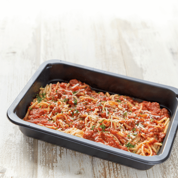 Turkey Bolognese features lean ground turkey infused with fresh meaty sauce sauce over pasta packaged in a dishwasher safe container