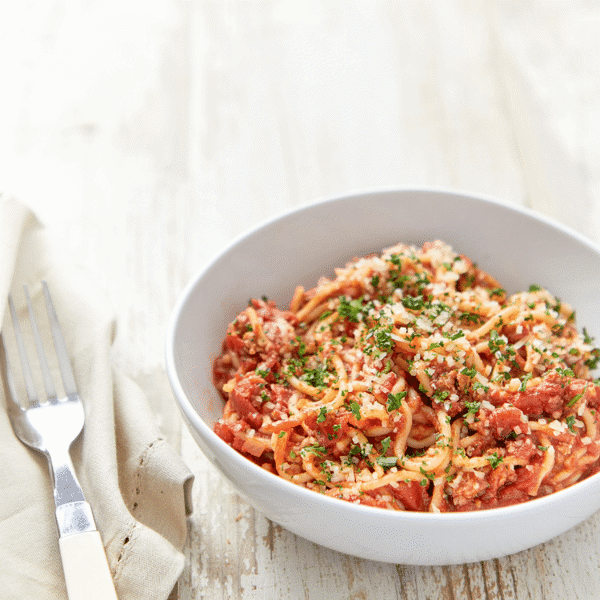 Turkey Bolognese features lean ground turkey with tomatoes and spices, creating a freshly prepared, and ready-to-eat meal.