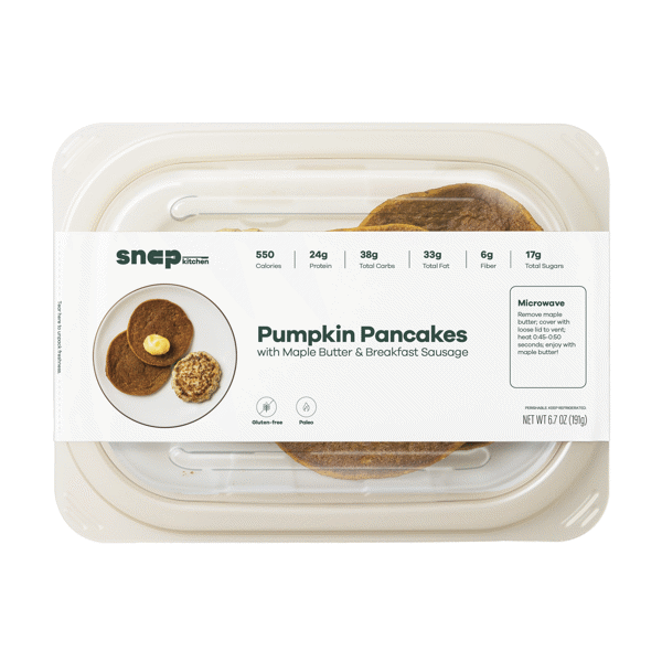 Pumpkin Pancakes with Maple Butter & Breakfast Sausage Container