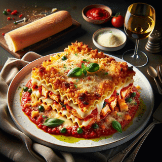 Layered Chicken-Pomodoro Lasagna from Epicured, featuring brown rice pasta, melted mozzarella, fresh basil, and a crispy parmesan topping.